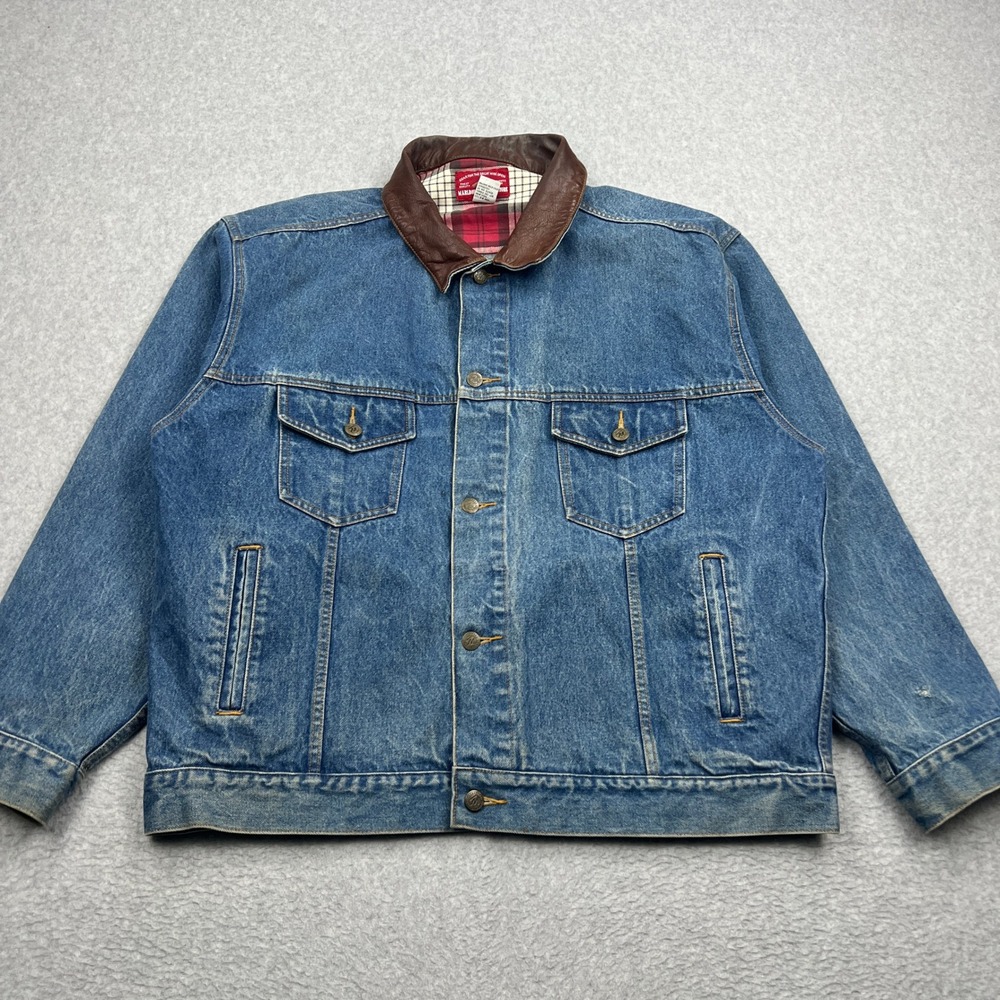 VTG Marlboro Country Trucker Jacket Men's XL Blue Denim Leather Collar Button Up